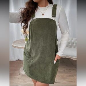 SHEIN Curve Olive Green Corduroy Pinafore Mini Dress (0XL)